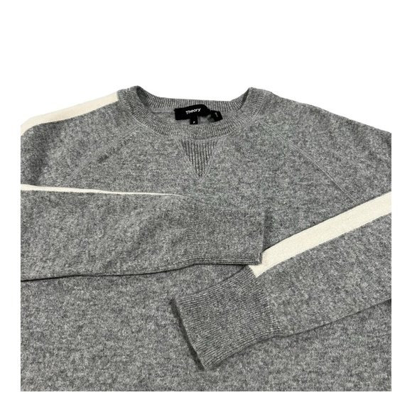Theory Gray Athletic Stripe Crew Long Sleeve Cashmere Sweater Jumper Size P ECU - Picture 9 of 12